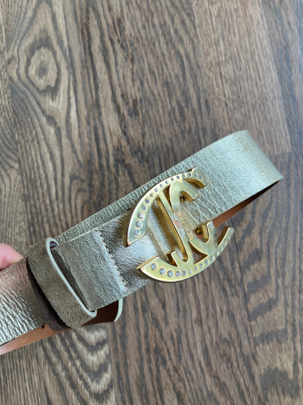 Just Cavalli Metallic Gold Leather Belt with Embellished CC-Style Buckle